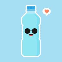 lindo y kawaii personaje de agua mineral de dibujos animados. botella de agua divertida. concepto de nutrición saludable y agua mineral potable. ilustración vectorial de diseño plano, emoji simple y diseño de emoticonos vector