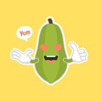 Ilustración de vector de diseño plano de personaje de papaya lindo y kawaii. vitaminas y nutrición de frutas tropicales, alimentos saludables e ingredientes para bebidas de jugo