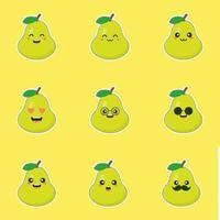 cute and happy cartoon style green pear characters for healthy food, vegan and cooking design. kawaii pear fruit with funny expression vector