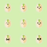 lindo y kawaii personaje de pistachos en la cáscara. alimentos orgánicos frescos abiertos y fritos. individuales y grupales. ilustraciones de vectores de frutos secos aisladas sobre fondo de color.