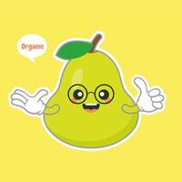 lindos y felices personajes de dibujos animados de pera verde para comida saludable, vegano y diseño de cocina. pera kawaii con expresión graciosa vector