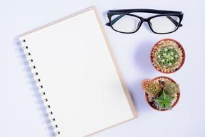 Notebooks and Glasses with cactus laid around. photo