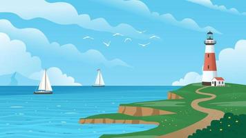 Sea Scenery with Lighthouse, Birds and Ships vector