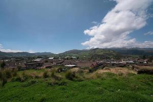 Panoramic view of the town of Olmedo in the province of Cayambe with the Cayambe volcano in the background during a sunny morning photo