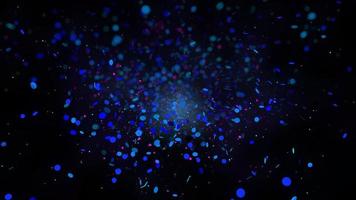 Group of blue and purple particles floating on a black background. 3d illustration