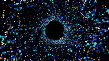 Abstract background of explosion of group of blue, orange and green particles of different sizes floating in a circular shape. 3d illustration photo