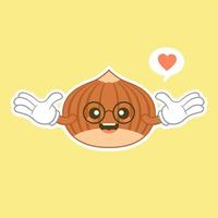 lindo y kawaii personaje de dibujos animados de frutas de avellana que muestra una nuez marrón sonriente con una cáscara fuerte para un diseño de concepto de nutrición vegetariana o saludable vector