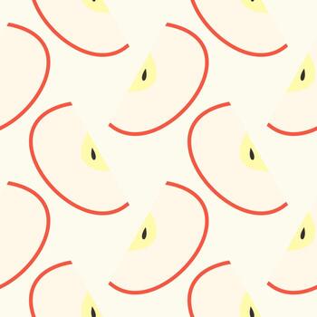 Apple seamless pattern and slice with seed on color background. Red apples fruits vector illustration.