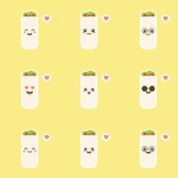 burrito feliz sonriente divertido lindo y kawaii. ilustración de vector de diseño plano de comida mexicana. comida tradicional mexicana, comida rápida. clipart brillante y positivo, composición.