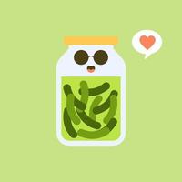 Kawaii and cute pickles in jar, isolated jar of pickled cucumbers. Marinated vegetables in can, homemade production full of probiotics. Fermented veggies, crunch gherkin with salt. Flat design style vector