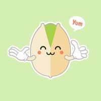 lindo y kawaii personaje de pistachos en la cáscara. alimentos orgánicos frescos abiertos y fritos. individuales y grupales. ilustraciones de vectores de frutos secos aisladas sobre fondo de color.