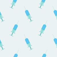 Seamless pattern texture of blue disposable sharp medical pharmacetic syringe for pricks with medicine, drugs on a color background. Vector illustration