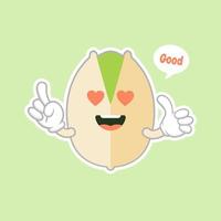 cute and kawaii Pistachio nuts character in the shell. Open and fried fresh organic food. Singles and group. Nuts vector illustrations isolated on color background.