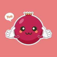 personaje de dibujos animados de granada lindo y kawaii aislado en la ilustración de vector de fondo de color. divertido icono de cara de emoticono positivo y amigable. sonrisa feliz caricatura cara comida emoji, fruta cómica