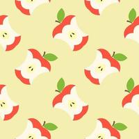 Seamless pattern of bitten apple with green leaves flat vector illustration on color background