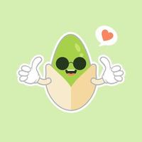 lindo y kawaii personaje de dibujos animados de nueces de pistacho. merienda tradicional. comida sana. adorno de nuez. vector