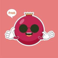 Cute and kawaii pomegranate cartoon character isolated on color background vector illustration. Funny positive and friendly emoticon face icon. Happy smile cartoon face food emoji, comical fruit