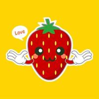 lindo y kawaii personaje de fruta de fresa. se puede utilizar en el menú del restaurante, en los libros de cocina y en la etiqueta de la granja orgánica. comida sana. sabroso vegano. Producto organico. ingrediente culinario. vector