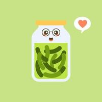 Kawaii and cute pickles in jar, isolated jar of pickled cucumbers. Marinated vegetables in can, homemade production full of probiotics. Fermented veggies, crunch gherkin with salt. Flat design style vector