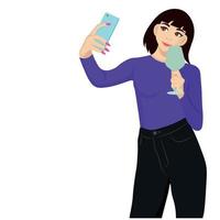 chica con un teléfono en una mano y un vaso en la otra, vector plano, aislada en un fondo blanco, bloguera, líder de opinión, influenciadora