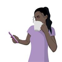 chica de piel oscura bebiendo de una taza y mirando el teléfono inteligente, vector plano sobre fondo blanco, bloguera, líder de opinión, influenciadora