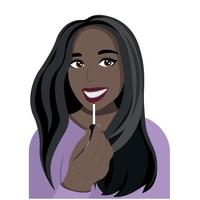 Portrait of a dark-skinned blogger girl who paints her lips, make-up, flat vector, isolate on a white background, opinion leader vector