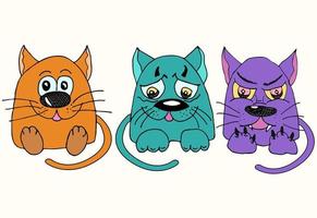 tres gatos divertidos con diferentes emociones. dibujos animados y personajes de gatos multicolores, ilustración vectorial. vector