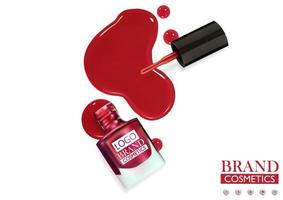 Spilled nail polish enamel red with brush and bottle on white background . Top view