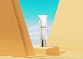 Luxury Product On Gold Stage Podium . background of clear sky with clouds .  branding and product presentation vector