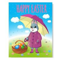 Festive poster for Easter. Rabbit in a violet cloak with an umbrella and a basket of painted eggs. Cake with a burning candle. Against the blue sky and green grass. Vector illustration.