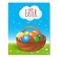 Festive poster for Easter. Basket with painted eggs. Cake with a burning candle. Against the background of the blue sky and green grass. Vector illustration.