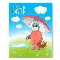 Festive poster for Easter. Rabbit in a pink raincoat with an umbrella with a basket of painted eggs. Cake with a burning candle. Against the blue sky and green grass. Vector