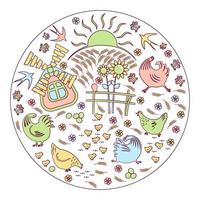 Chicken, bird farm. Ornament in the circle. on a white background. Mills and wicker fences with sunflowers.Easter eggs. Swallows, flowers butterflies Vector