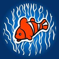 Fish parrot, orange, on a background of algae. Narrow character, In a flat style. Vector illustration.