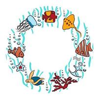 Circular ornament - a template with marine life. Fish, seaweed, jellyfish, shell, anchor. With space for text. For design of banners, leaflets of aquarium shops and sites. Vector illustration.