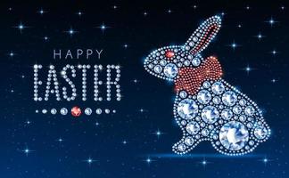 Easter bunny  with red bow. Made from gemstones diamonds with rhinestones isolated on a black background. Blue neon background. Vector illustration.