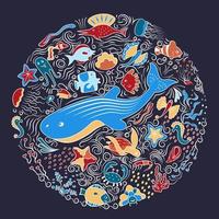 Shells, fish, deep-sea animals of the sea and ocean. Artistic lines. Template circular ornament. Beautiful, marine aquarium. Vector illustration.