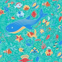 patrón ornamental de mar transparente. fregadero, peces, estrellas de mar, patines, pulpos y otros animales de aguas profundas del mar y el océano. hermoso acuario marino. sobre un fondo azul con burbujas de aire. vector