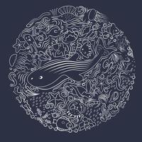 Circular pattern. Shell, fish, deep-sea animals of the sea and ocean. Beautiful marine aquarium. Isolated on a dark background. Made by artistic white lines. Vector illustration.