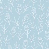 Gentle calm floral vector seamless pattern. White outline of flowers, twigs on a light blue background. For prints of fabric, textile products, packaging, clothing.