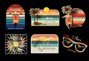 conjunto de diseño retro de verano con sol, cocotero e ilustración de scooter vector