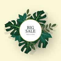 Sale background with tropical leaves. vector