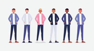 Group of young man character standing in a row vector