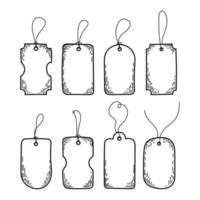 Price tags drawn in doodle style. A set of blank tags for gift boxes or labels for sale shopping with string. Vector illustration