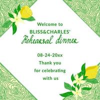 Poster template, invitation, decorated with ripe yellow lemons and flowers, hand-drawn. Welcome to the rehearsal dinner. Thank you for celebrating with us. Party invitation, holiday banner, card vector