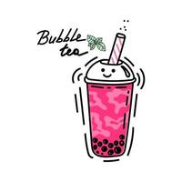 taza de burbujas dulces. té con leche con perlas de tapioca. un té de sabores de frutas mixtas. fresa y arándano. bebida taiwanesa asiática. ilustración de vector de moda de color pintado. estilo de dibujos animados diseño plano