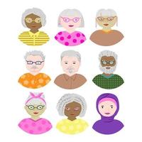 A set of avatars for nice people. A diverse group of young men and women. People of different races with gray hair. Flat style vector illustration