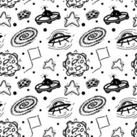 Seamless pattern of flying saucer, planets, comets, asteroids and stars. Vector in cartoon style. Black hole. Sun. Stars. Solar system on a black background. Can be used for greeting cards, children's