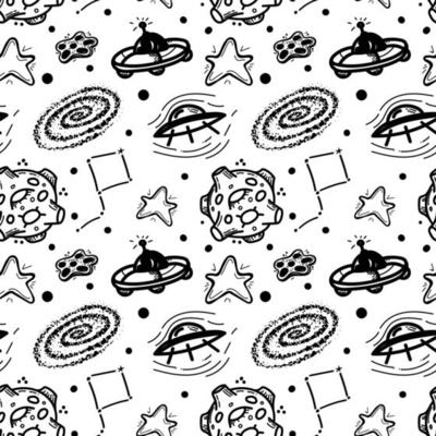 Seamless pattern of flying saucer, planets, comets, asteroids and stars. Vector in cartoon style. Black hole. Sun. Stars. Solar system on a black background. Can be used for greeting cards, children's