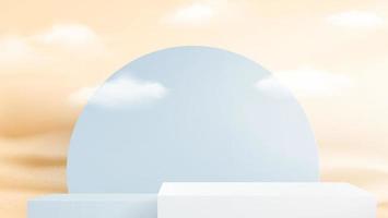 Display background vector 3d color rendering with podium and cloud white scene, cloud 3d minimal background 3d rendering color pastel podium. Stage on cloud render background